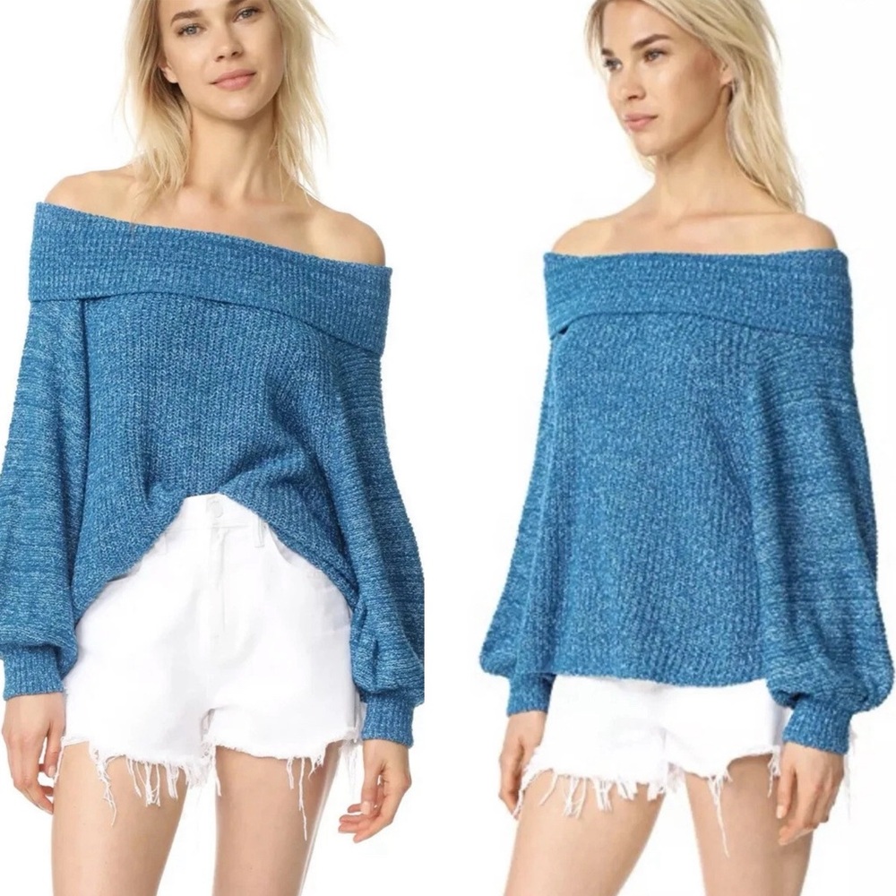 Free People Edessa Pullover Knit Sweater Off Shoulder Blue Oversized‎ Sz S